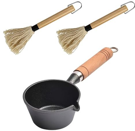 SANTUO Cast Iron Saucepan, BBQ Mop Brush Set for Grilling BBQ Basting Set with Mini Cast Iron Sauce Pot and Brush Barbecue Accessories