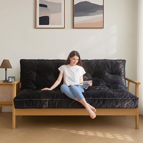 MAXYOYO 6 Futon Mattress Full Size, Velvet Thick Futons Sofa Couch, Versatile Floor Mattress for Adults, Shredded Foam Filling (Frame Not Included), Black