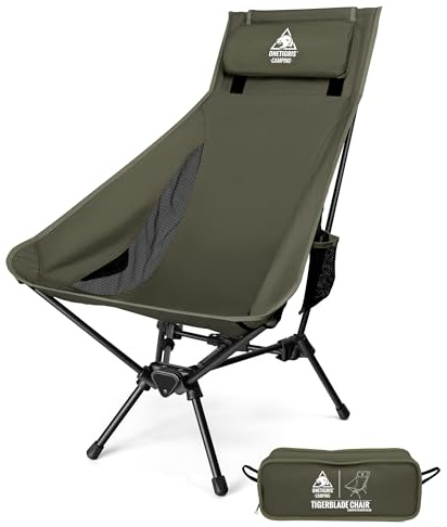 OneTigris TIGERBLADE Silla de camping plegable con respaldo alto, 170 kg, silla plegable para camping, ligera estructura triangular, silla plegable con 2 bolsillos laterales, silla plegable