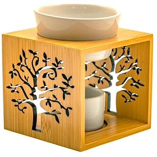 LivuX Lámpara aromática – Humidificador con estructura de madera de árbol de la vida, cuenco de porcelana y portavelas, 11 cm de alto, 9,5 cm de ancho, difusor natural 1122