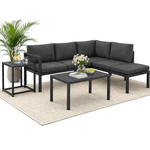Mucola Gartenmöbel Set Aluminium Ecklounge mit Hocker Beistelltisch Sitzgruppe variabel aufstellbare Elemente | wetterfest und rostfrei | Essgruppe extra Dicke Wasserabweisende Kissen Sitzecke