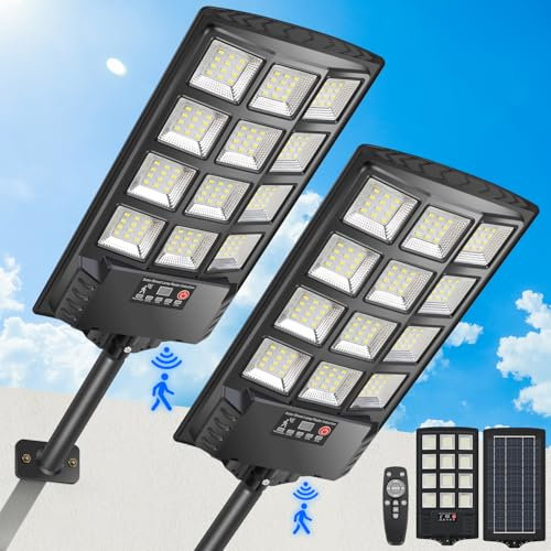 PEAKRO Farolas Solares Exterior, 400W 6500K Potente Foco LED Solar con Control Remoto, IP67 Impermeable Luz Solar Exterior Jardín Sensor de Movimiento, Luz de Seguridad Lámpara Solare 2 Pack