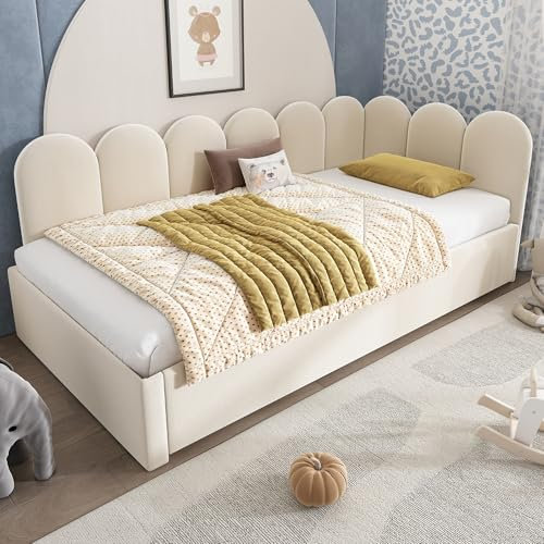 Moimhear Cama tapizada de día 90 x 200 cm, sofá cama con cama nido de 90 x 190 cm, cama infantil con somier, terciopelo, sin colchón (beige)