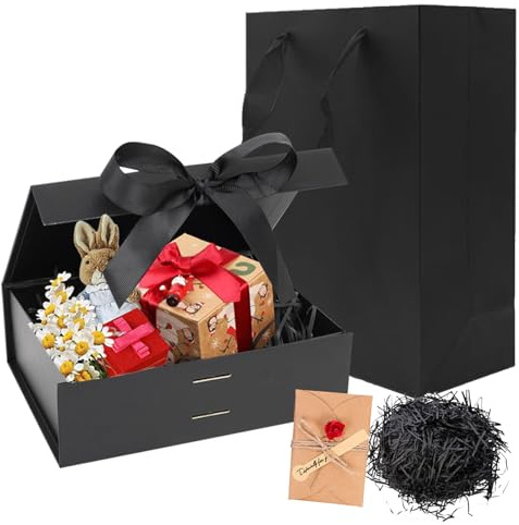 Cajas de Regalo, Juego de Cajas de Regalo Reutilizable, 23x17x7 cm Caja de Embalaje de Regalos Rectangulares con Tapa, con Bolsa Incluida, Tarjeta, Papel Triturado, Lazo, para Bodas(Negro)