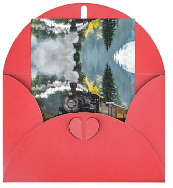 Carte de vœux rouge - Carte vierge imprimée train à vapeur pour anniversaire, mariage, Saint-Valentin et invitation à une fête