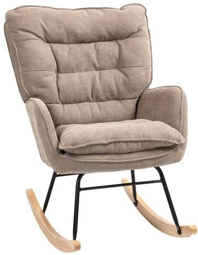 HOMCOM Silla Mecedora Moderna, Mecedora Tapizada en Chenilla, Sillón de Lactancia con Respaldo Ancho, Acolchado Grueso, Patas de Madera, Reposabrazos, para Dormitorio, Salón, Marrón