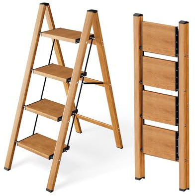 Attestierer Échelle Pliable 4 Marches, Tabouret Escalier Aluminium | Capacité 150 Kg, Échelle Pieds Antidérapants & Larges Marches, Usage Intérieur-Extérieur, Design Aspect Bois, Marron Clair