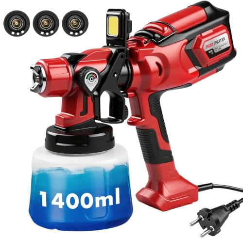 1400 Ml Färgspruta Med Sladd, 220 V, 650 W, Hvlp-Elektrisk Sprutpistol Med 3 Munstycken + Led-Belysning – Handhållet Kit Med Sladd, För Möbler, Skåp, Staket, Tak Och Billackering (Röd)