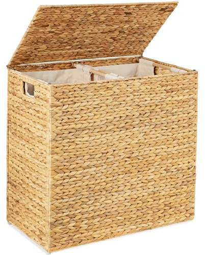 Best Choice Products Large Double Laundry Hamper with Lid, Natural Handwoven Water Hyacinth, 2 Sections w/ 2 Machine Washable Linen Liner Bags, Portable, Handles - Natural
