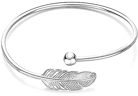 925 Silver Women Bracelet Adjustable Opening Leaf Feather Bangle