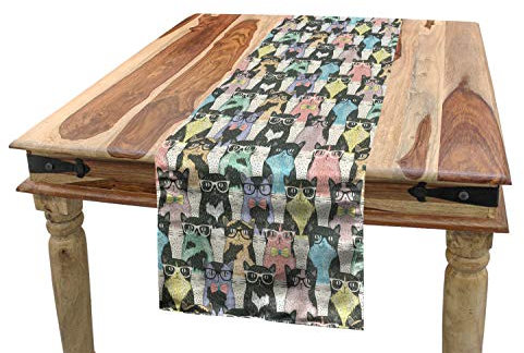 ABAKUHAUS Katzen Tischläufer, Hipster Verspielt Glass, Esszimmer Küche Rechteckiger Dekorativer Tischläufer, 40 x 225 cm, Korallenrot Dunkles Himmel Blau