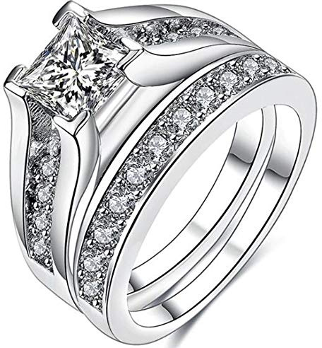 Jude Jewelers 925 Sterling Silver Princess Cut Wedding Engagement Bridal Ring Set