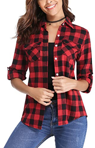 Totatuit Chemise Carreaux Blouses Western Boutonnée Manches Longues Haut