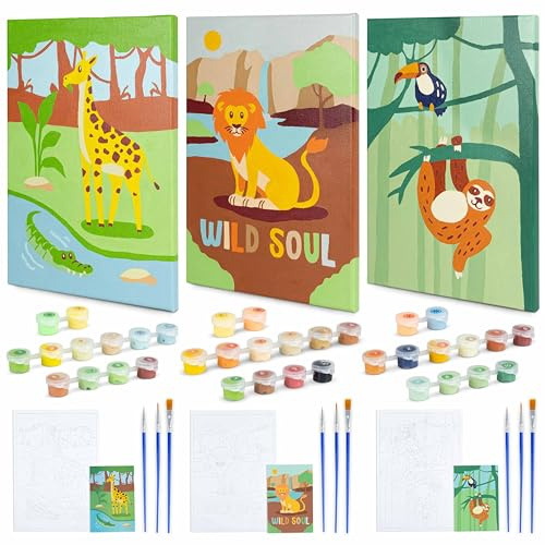 BONNYCO Paint by Numbers for Children Animals, Pack 3 Canvases. Animals Gifts for Boys, Craft Kits Kids. Paint by Numbers Kits, Girls Boys Toys. Painting Children Set, Jungle Creative Kids Gifts