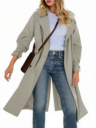 Tankaneo Womens Long Trench Coat Double Breasted Notch Lapel Lightweight Oversized Windproof Fall Overcoat with Belt
