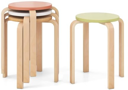 COSTWAY Stackable Bentwood Stools Set of 4, 18-Inch Height Backless Counter Chairs with Round Top, Anti-Slip Felt Pad, Portable School Stool for Dining Room, Kitchen, Classroom, Assorted Color