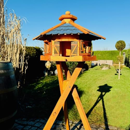 DARLUX Vogelfutterhaus XL Sechseck Vogelhaus aus Holz und Bitumschindel Dach Futterstelle mit und ohne Ständer (XL mit Ständer, Blau - Braun)