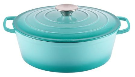 Cast Iron Casserole Dish with Lid Oval Enamelled Casserole Pot Dutch Oven for Stews Roasting Braising Induction Gas Electric Hob All Stovetops Oven Safe Cookware Heavy Duty (Teal)