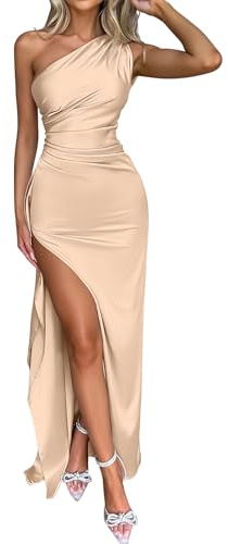 Memoriesea Women's Sexy One Shoulder Satin High Split Cocktail Wedding Party Maxi Dress Champagne