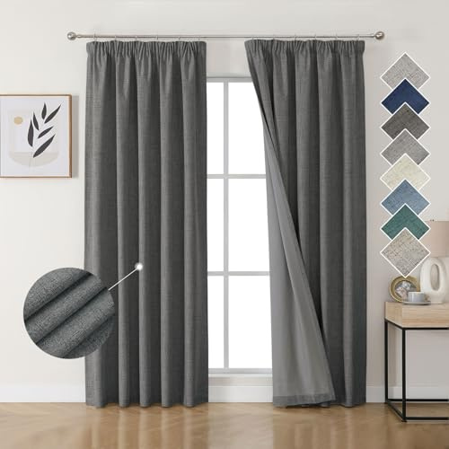 Joydeco 100% Verdunkelungsvorhänge Leinen Gardinen mit Kräuselband 2er Set H225xB140cm Grau, Thermovorhang Kälteschutz Blickdicht Schallschutz Ideal für Wohnzimmer passt zu Schienensystemen