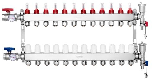 VEVOR Colector de Calor Radiante de 12 Derivaciones, Colector de Tubería PEX de Acero Inoxidable SUS304 para Calefacción por Suelo Radiante Hidrónico, con Adaptadores, 780 x 370 x 110 mm, 0-5 L/min