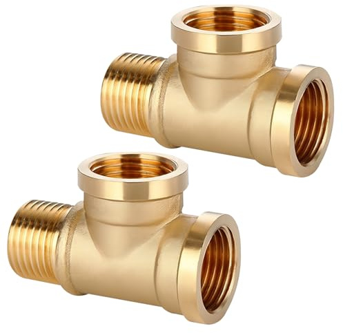 1/2 Zoll T-Stück, 2 Stück Messing T-Stück 1/2 Zoll, 1/2 T-Stücks 90°, Gewindefitting T-Stücks IGxIGxAG aus Messing, Wasseranschluss Verteiler, 3 Wege T-verbindungsstück für Trinkwasser Geeignet