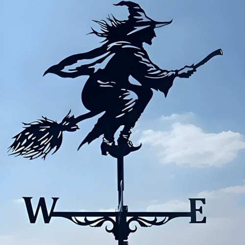 Magic Broom Witch Weather Vane Rooftop Standing Wrought Iron Wind Vanes Cottage Weathercock for Outdoors Decor Yard Shed Home Fence (Witch)