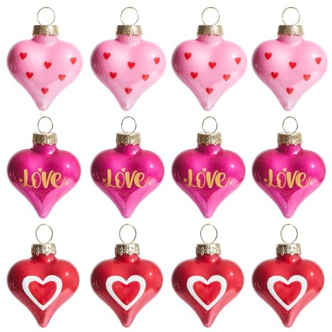 WDS WONDROUS 12Pcs Heart Ornaments Set, 3 Style Pink Red Heart Baubles for Valentine's Day Wedding Party Decorations, Hanging Decor for Christmas Tree Anniversary Celebration