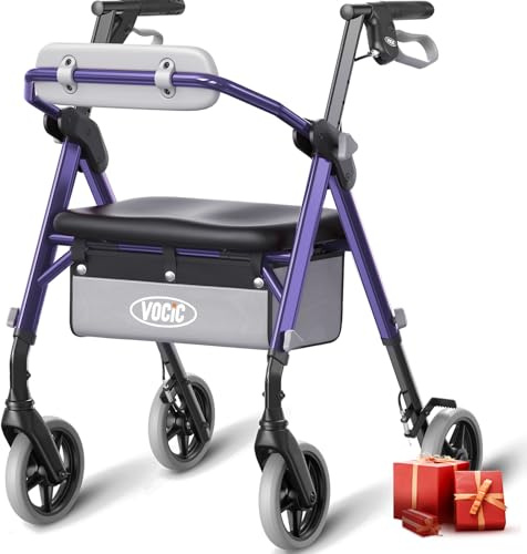 VOCIC Z11 Rollator faltbar und leicht mit Sitz, Max 172kg, Rollator schmal für wohnung, Rollatoren leicht klappbar für Senioren, Ergonomischer Sitz, höhenverstellbar, Lila, 5 Jahre Support
