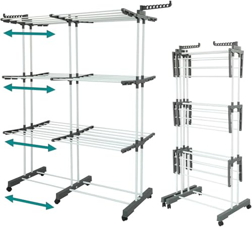 CORIBI Karol™ Séchoir à Linge Pliable 40 m – Étendoir Vertical 3 Niveaux Grande Capacité – Tour de Séchage avec roulettes, Ailes pour Cintres et Supports Rabattables – Intérieur & Extérieur