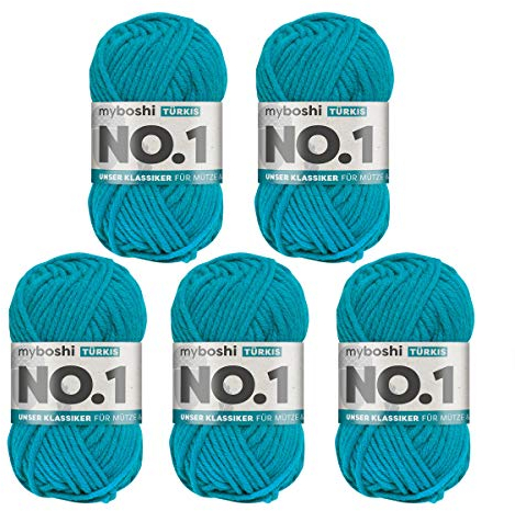 myboshi No.1 Wolle zum Häkeln und Stricken, Schnellstrickgarn, langlebige Mützenwolle, Strickwolle, Häkelwolle, mulesing-frei, 50g, Ll 55m Blau (Türkis) 5 Knäuel