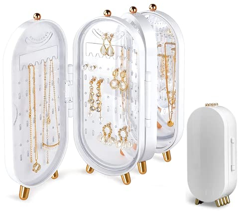 TINGFENG Earring Holder with Mirror Foldable Jewelery Stand Earring Stand Organiser Holder Multi-Function Screen Shaped Metal Jewelry Display Stand for Earrings Ear Studs Thin Necklace (White)