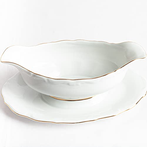 Salsera de porcelana blanca con filo de oro | 1 pieza, fácil transporte, caldos, salsas, decoración elegante, pieza de coleccionista, centro de mesa | 24 cm Rhein