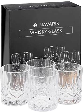 Navaris Vasos de Whisky Cristal - Juego de 4X Vaso Tallado para Whiskey con 1x Caja de Regalo - Copas para Licor vermut chupito - Apto lavavajillas