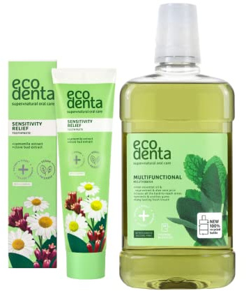 Ecodenta Kit cosmétique d'hygiène buccale I Dentifrice avec calident, extrait de camomille, extrait de clou de girofle 100 ml et antibactérien multifonction – rince-bouche 500 ml