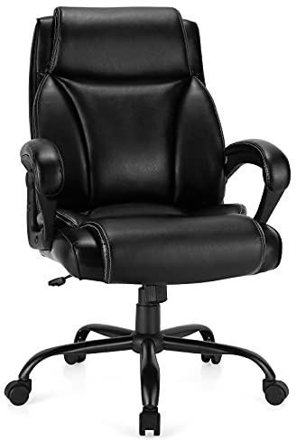 COSTWAY 300/330/400/500LBS Big & Tall Executive Office Chair, Height Adjustable Leather Computer Desk Chair with Rocking Backrest & Arms, Home Office Ergonomic Swivel Task Chair (400LBS, Black)