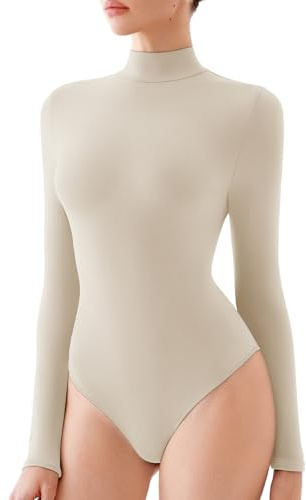 REORIA Women's Long Sleeve Turtleneck Bodysuit Top Nude Cream M