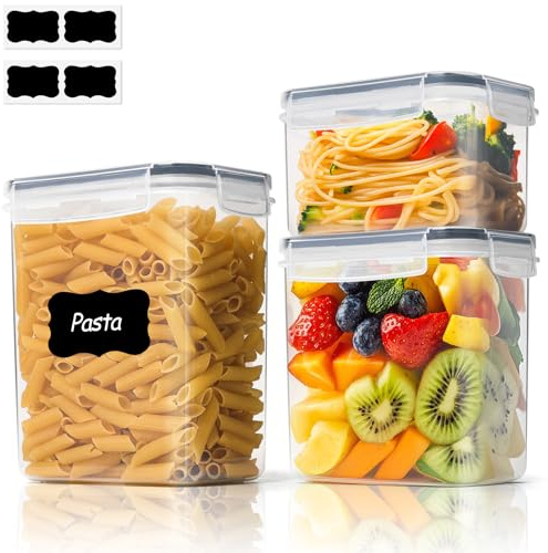 ComSaf Set di 3 contenitori per alimenti con coperchio, da 2 l, 1,4 l, 0,8 l, contenitori ermetici per alimenti, set di contenitori in plastica per cucina, dispensa per zucchero, cereali e snack