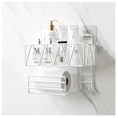 Bathroom Shower Organizer Toilet Wall Storage Rack Washstand Double Layer Cosmetic Storage Rack with Tissue Holder and Hook Wall Mounted Metal Storage Rack Without Punching floating shelves bathroom(W
