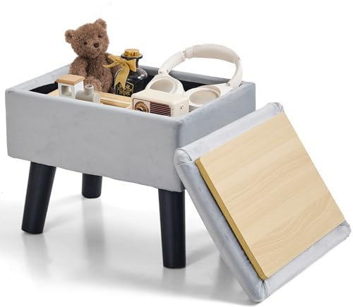 BRIAN & DANY Repose-pieds ottoman rectangulaire en velours avec espace de rangement, repose-pieds avec pieds pour canapé, salon, entrée, bureau, gris