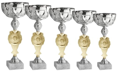 Set 5 Coppe Personalizzate, Trofei Premiazioni 36, 34, 32, 31, 28 cm Trofeo con Targhetta Personalizzata Premi per Calcio, Fantacalcio, Eventi, Competizioni Sportive Cod. 12.009G (Argento)