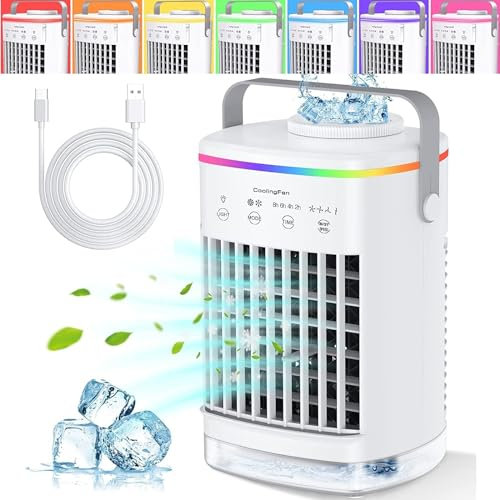 Joomouney Portable Air Conditioner, 3-in-1 Portable Air Cooler, Evaporative Air Cooler with 4 Wind Speed &7 Colour Lights &700ml Water Tank &2-8H Timer, Personal Air Coolers for Home, Office, Bedroom