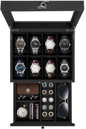 Uten Scatola Porta Orologi a 8 Scomparti, 2 Livelli Porta Orologi Legno, Coperchio in Vetro, Cuscino di Seta, Fodera Nero, Idea Regalo, Catola Portagioielli per Orologi Uomo e Donna