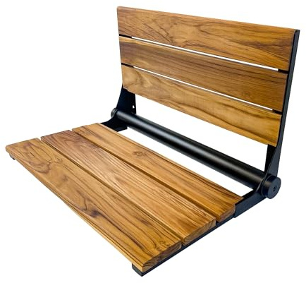 Teak Shower Seat Bench with Back - Wall Mounted Fold Up Shower Seat, Waterproof Folding Teak Bath Chair for Seniors, 304 Stainless Steel Frame, with 300 lbs Capacity - 24 Length, Matte Black