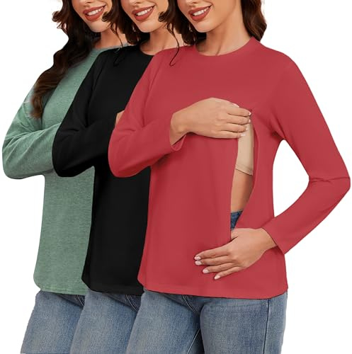 Love2Mi 3-Pack Women's Long-Sleeved Nursing Shirt with Zipper Maternity Wear for Breastfeeding T-Shirts for Pregnant Women, S