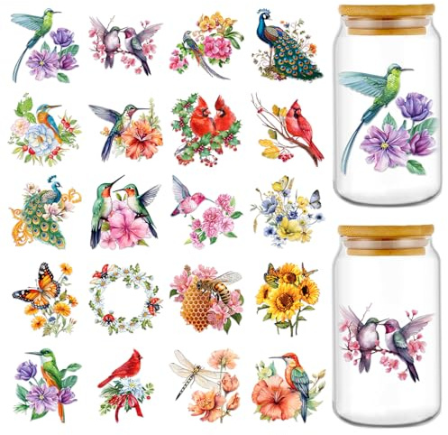 Eiapadeor Vintage Rub on Transfer Stickers - 20 Sheets Flower Bird UV DTF Cup Wraps, Floral UVDTF Wraps for Girl Women, Waterproof Rub on Decals for Glass Cups Mug Tumbler, DIY Transfer Crafts