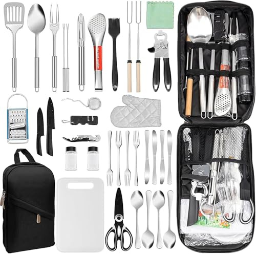YFNVH Ensemble de 35 Ustensiles et Couverts de Camping avec Sac de Rangement, Assiettes et Tasses, Accessoires de Cuisine Extérieure pour Voyage, Pique-Nique et Barbecue