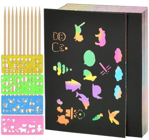 OTYMIOW 114PZ Scratch Art Set 100 Fogli da Grattare Fogli Arcobaleno da Grattare, Fogli Disegni Carta Raschiare con 4 Modelli di Disegno su Righelli Forati con 10 Puntine Legno per Disegnare
