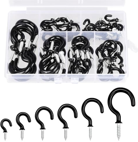vsshe 75PCS 6 Size Set Cup Hooks Screw, Black Plastic Metal Ceiling Hooks Multi-Purpose Hooks for Hanging Plants, Cups, Tableware, Wood, Under Cabinets, Cabinet Shelves and Kitchen Utensils