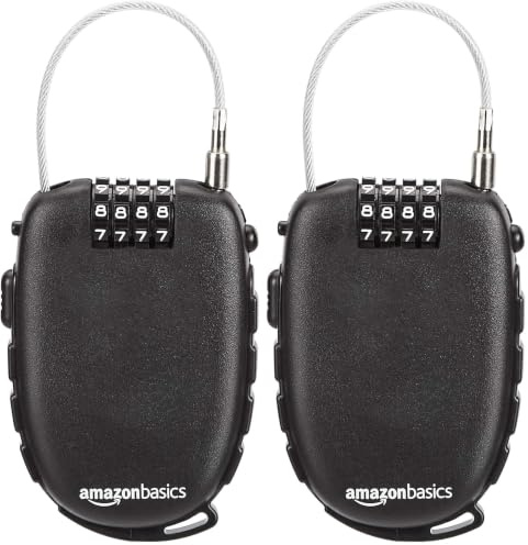 Amazon Basics Candado con cable retráctil de 4 dígitos, Cerradura con combinación, paquete de 2, AB-BL101 negro